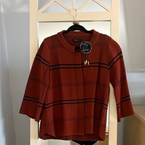 Elegant Rust Sweater Jacket with Black Detailing